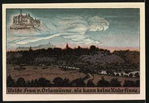 Notgeld Orlamünde 1921, 50 Pfennig, Gutschein mit Wappen und Rückseite mit Burgansicht und Geist