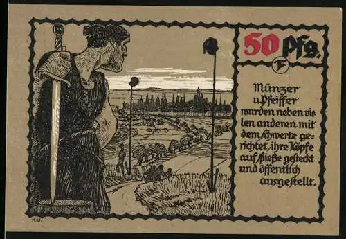 Notgeld Mühlhausen 1921, 50 Pfennig, Stadtansicht und historische Szenen mit Schwertkämpfer und Text