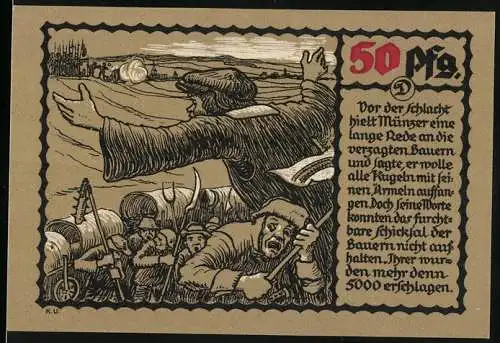 Notgeld Mühlhausen 1921, 50 Pfennig, Bauernkrieg Darstellung und Stadtwappen, historische Darstellung von 1523-1525