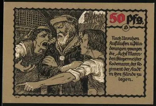 Notgeld Mühlhausen, 1921, 50 Pfennig, Szene mit Bürgermeistern und Krieger mit Schild, Bauernkrieg 1523-1525