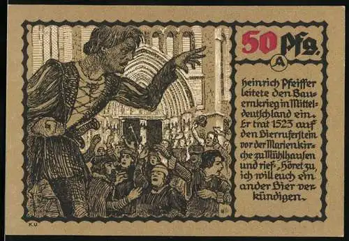 Notgeld Mühlhausen, 1921, 50 Pfennig, Illustration von Heinrich Pfeiffer und Bauernkrieg 1525