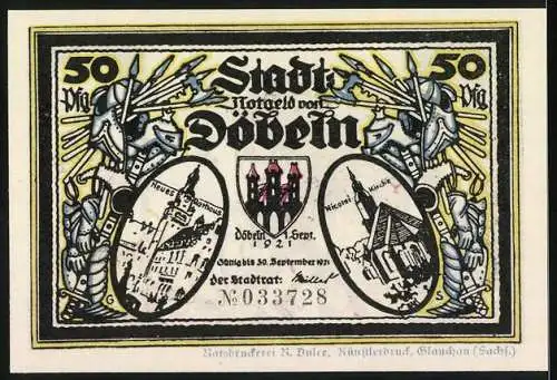 Notgeld Döbeln, 1921, 50 Pfennig, Ritter Staupitzens Burgbau und Stadtansichten