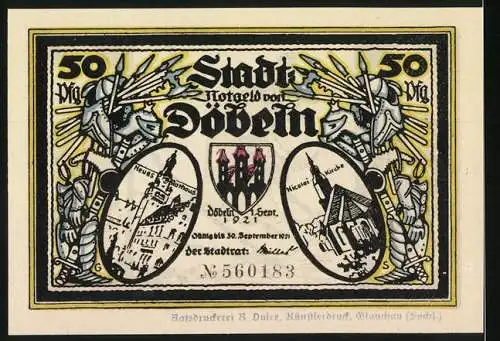 Notgeld Döbeln 1921, 50 Pfennig, Stadtansichten mit Rittern und Abmachungsszene