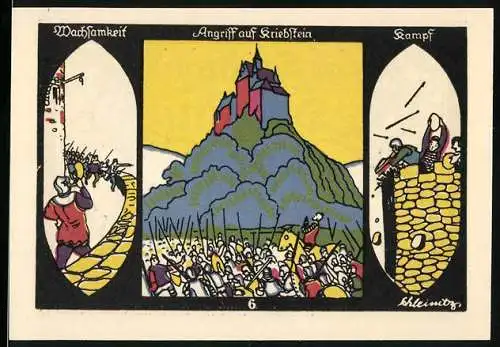 Notgeld Döbeln 1921, 50 Pfennig, Angriff auf Kriebstein und Stadtansichten