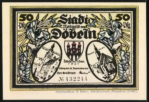 Notgeld Döbeln 1921, 50 Pfennig, Angriff auf Kriebstein und Stadtansichten