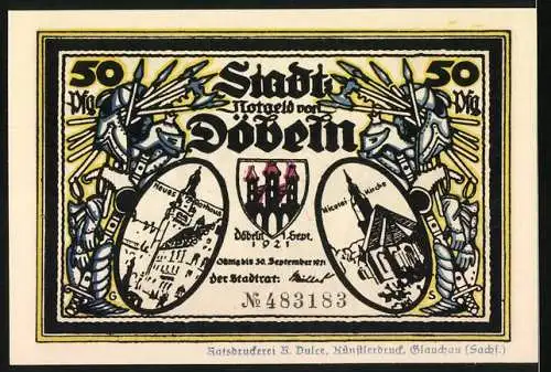 Notgeld Döbeln 1921, 50 Pfennig, Ritter und Gottesanbeterin, Stadtwappen und Gebäude