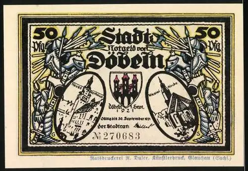 Notgeld Döbeln 1921, 50 Pfennig, Überfall in der Fastnacht 1450, Siegesfreude und Bestürzung