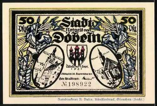 Notgeld Döbeln 1921, 50 Pfennig, Planung von Kriegszugsüberfall und Stadtansichten