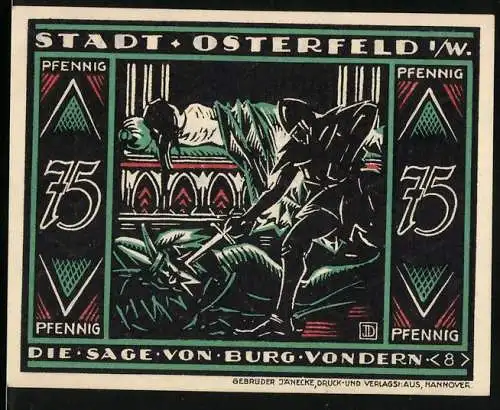 Notgeld Osterfeld 1921, 75 Pfennig, Die Sage von Burg Vondern, Ritter mit Schwert und Drache