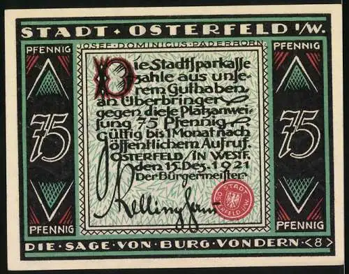 Notgeld Osterfeld 1921, 75 Pfennig, Die Sage von Burg Vondern, Ritter mit Schwert und Drache