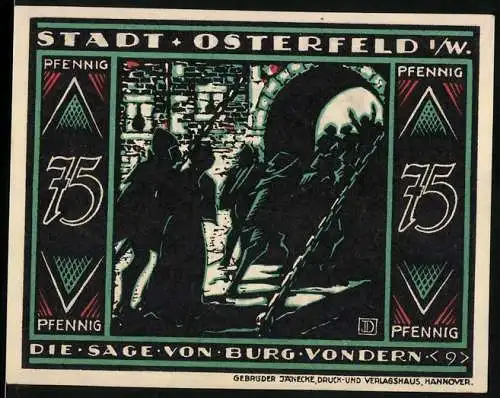 Notgeld Osterfeld 1921, 75 Pfennig, Die Sage von Burg Vondern, Stadtansicht mit Figuren und Brücke