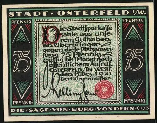 Notgeld Osterfeld 1921, 75 Pfennig, Die Sage von Burg Vondern, Stadtansicht mit Figuren und Brücke