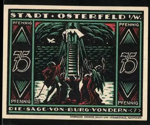 Notgeld Osterfeld 1921, 75 Pfennig, Die Sage von Burg Vondern, Stadtwappen und Treppenszene