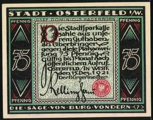 Notgeld Osterfeld 1921, 75 Pfennig, Die Sage von Burg Vondern, Stadtwappen und Treppenszene