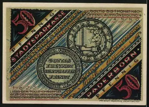 Notgeld Paderborn, 1921, 50 Pfennig, Verrat der Stadt durch Drohmann 30. Jan 1622, Stadtsparkasse