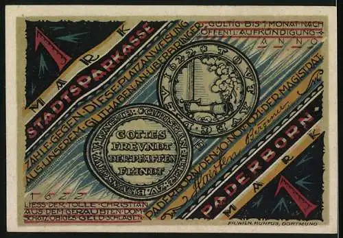 Notgeld Paderborn, 1921, 1 Mark, Der Raub des Domschatzes und Münzprägung durch Christian in 1622