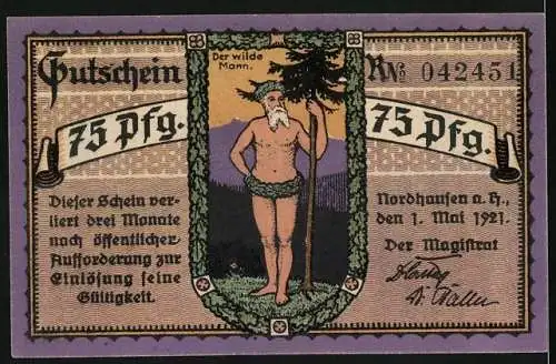 Notgeld Nordhausen, 1921, 75 Pfennig, Gutschein der Stadt Nordhausen mit Der wilde Mann