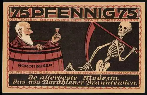 Notgeld Nordhausen, 1921, 75 Pfennig, Mann im Fass mit Skelett und Stadtwappen