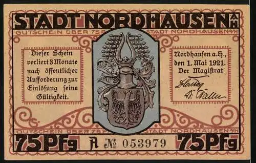 Notgeld Nordhausen, 1921, 75 Pfennig, Mann im Fass mit Skelett und Stadtwappen