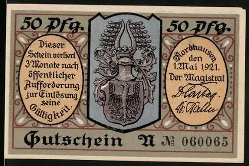 Notgeld Nordhausen, 1921, 50 Pfennig, Gutschein mit Stadtwappen und Figur, Seriennummer 060065