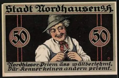 Notgeld Nordhausen, 1921, 50 Pfennig, Gutschein mit Stadtwappen und Figur, Seriennummer 060065