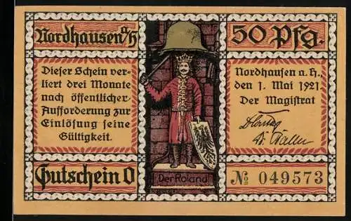 Notgeld Nordhausen 1921, 50 Pfennig, Der Roland und die Finkenburg, Nr. 049573