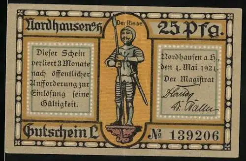 Notgeld Nordhausen, 1921, 25 Pfennig, Gutschein mit Der Riese und alter Stadtbefestigung am Primariusgraben