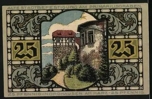 Notgeld Nordhausen, 1921, 25 Pfennig, Gutschein mit Der Riese und alter Stadtbefestigung am Primariusgraben