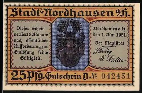 Notgeld Nordhausen 1921, 25 Pfennig, Gutschein Nr. 042451, Stadtwappen und Tischszene mit Trinkspruch