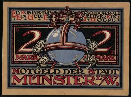 Notgeld Münster, 1921, 2 Mark, Krone und Globus auf Vorderseite, König auf Thron auf Rückseite