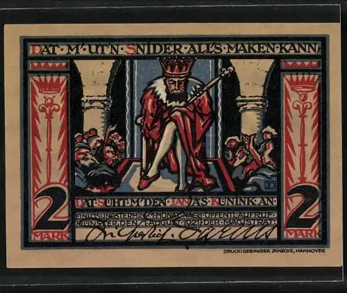 Notgeld Münster, 1921, 2 Mark, Krone und Globus auf Vorderseite, König auf Thron auf Rückseite