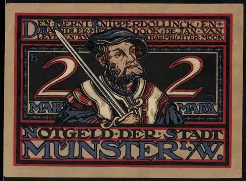 Notgeld Münster 1921, 2 Mark, Bernd Knipperdollinck mit Schwert und Ritterkampf-Szene