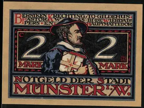 Notgeld Münster, 1921, 2 Mark, Vorderseite mit Portrait und Rückseite mit historischer Szene von 1534