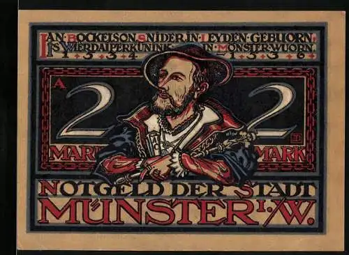 Notgeld Münster 1921, 2 Mark, Vorderseite: Historische Figur mit Kette, Rückseite: Drei Männer mit Buch