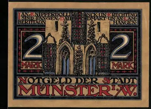 Notgeld Münster, 1921, 2 Mark, Darstellung des historischen Geschehens um Jan van Leiden