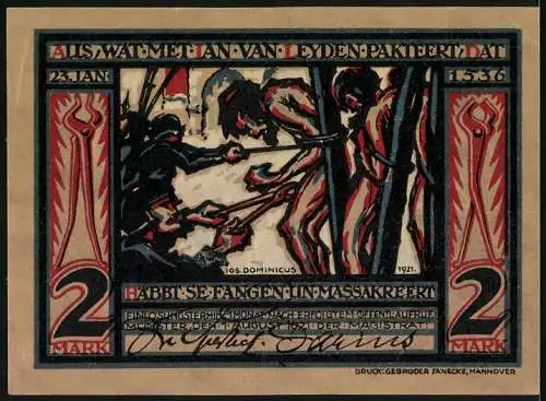 Notgeld Münster, 1921, 2 Mark, Darstellung des historischen Geschehens um Jan van Leiden