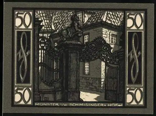 Notgeld Münster 1921, 50 Pfennig, Schmisinger Hof und Stadtansicht mit Wappen