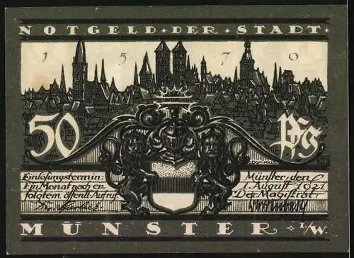 Notgeld Münster 1921, 50 Pfennig, Schmisinger Hof und Stadtansicht mit Wappen