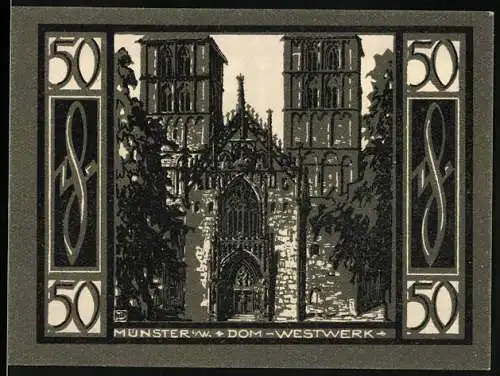 Notgeld Münster 1921, 50 Pfennig, Dom Westwerk und Stadtansicht mit Wappen