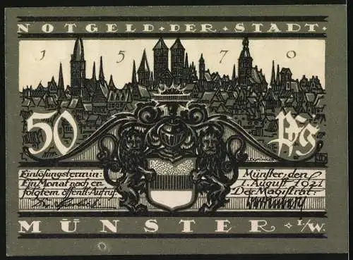 Notgeld Münster 1921, 50 Pfennig, Dom Westwerk und Stadtansicht mit Wappen