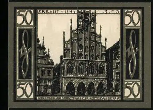 Notgeld Münster 1921, 50 Pfennig, Rathaus und Stadtansicht, Einführungstermin 1. August 1921