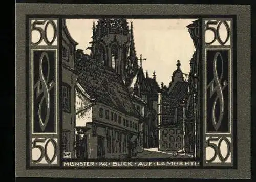 Notgeld Münster, 1921, 50 Pfennig, Stadtansicht und Blick auf Lambertikirche