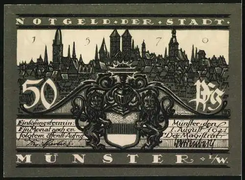 Notgeld Münster, 1921, 50 Pfennig, Stadtansicht und Blick auf Lambertikirche