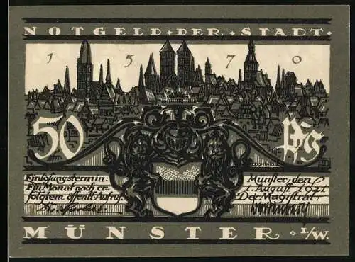 Notgeld Münster, 1921, 50 Pf, Stadtansicht und Kiepenkerl-Statue