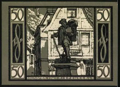 Notgeld Münster, 1921, 50 Pf, Stadtansicht und Kiepenkerl-Statue