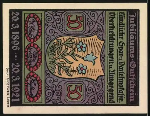 Notgeld Oberheldrungen 1921, 50 Pfennig, Illustration von tanzenden Kindern und floraler Verzierung