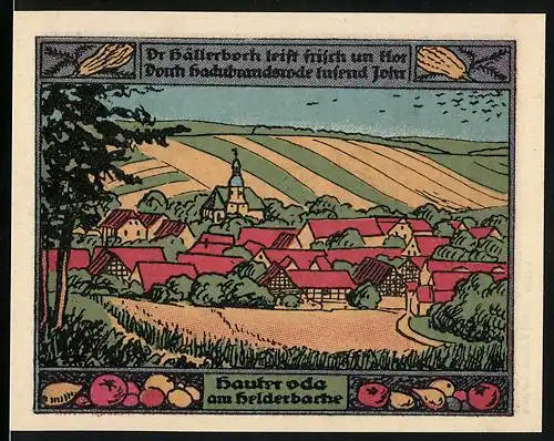 Notgeld Oberheldrungen 1921, 50 Pfennig, Dorflandschaft mit Kirche, Jubiläums-Gutschein, Wappen