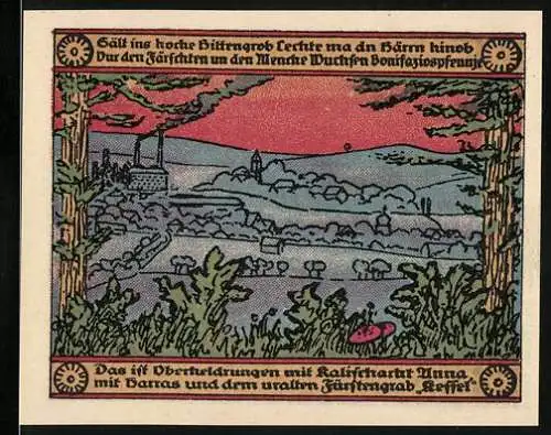 Notgeld Oberheldrungen 1921, 50 Pfennig, Landschaft mit Fabrik und Wappen mit Blumen