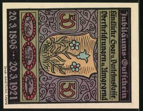 Notgeld Oberheldrungen 1921, 50 Pfennig, Landschaft mit Fabrik und Wappen mit Blumen