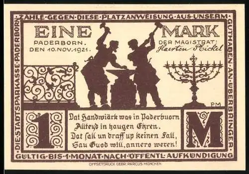 Notgeld Paderborn 1921, Eine Mark, Handwerker und Busdorfkirche